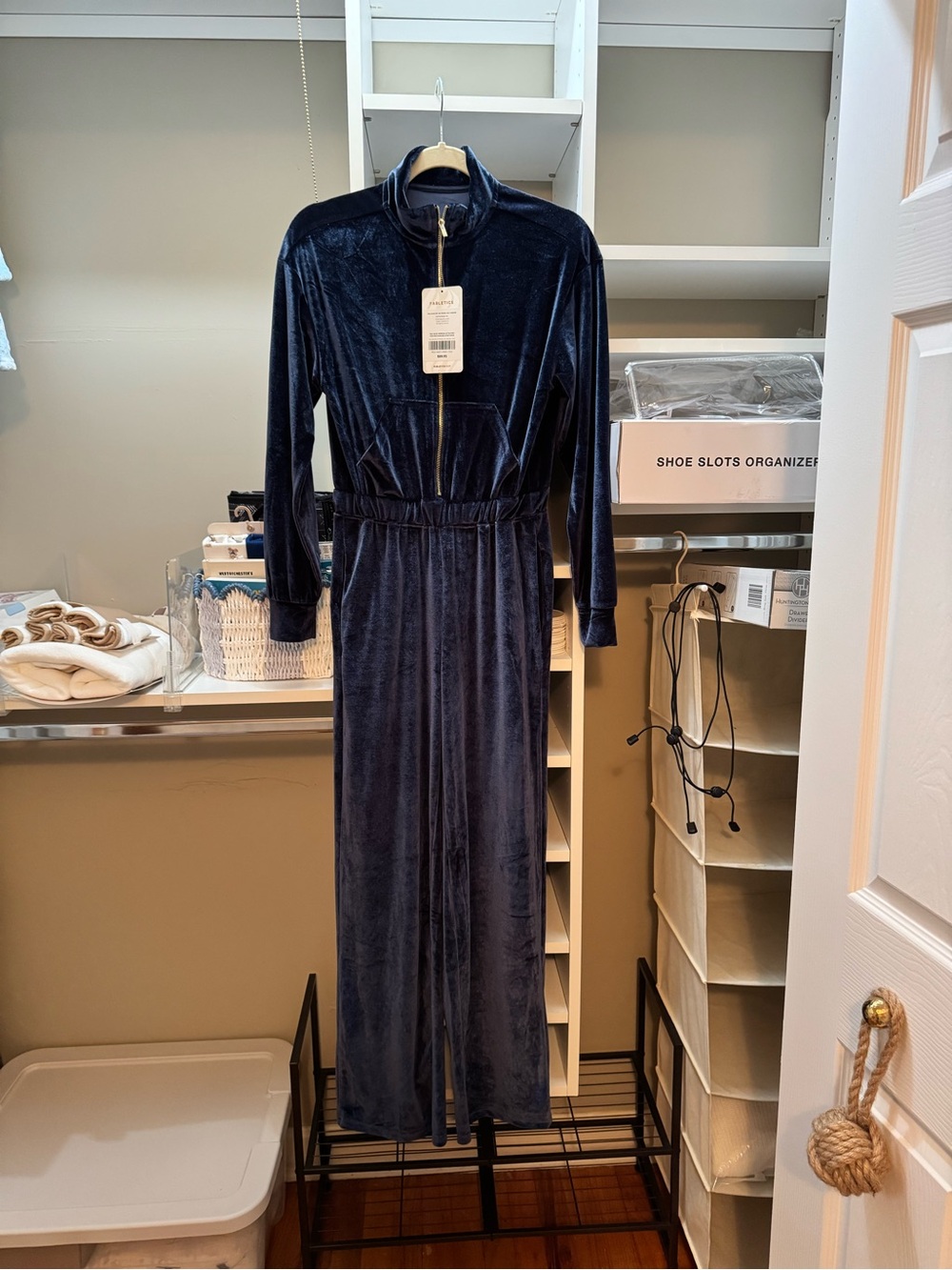 Fabletics Velvet Zip-Front Long Sleeve Jumpsuit - Navy Blue